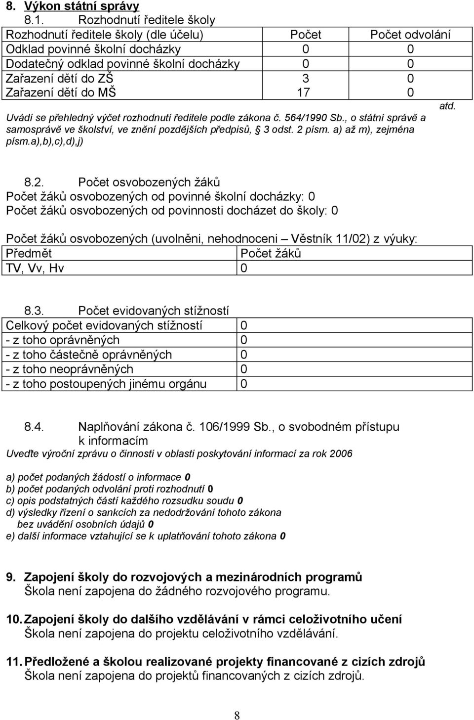 do MŠ Uvádí se přehledný výčet rozhodnutí ředitele podle zákona č. 564/1990 Sb., o státní správě a samosprávě ve školství, ve znění pozdějších předpisů, 3 odst. 2 písm. a) až m), zejména písm.