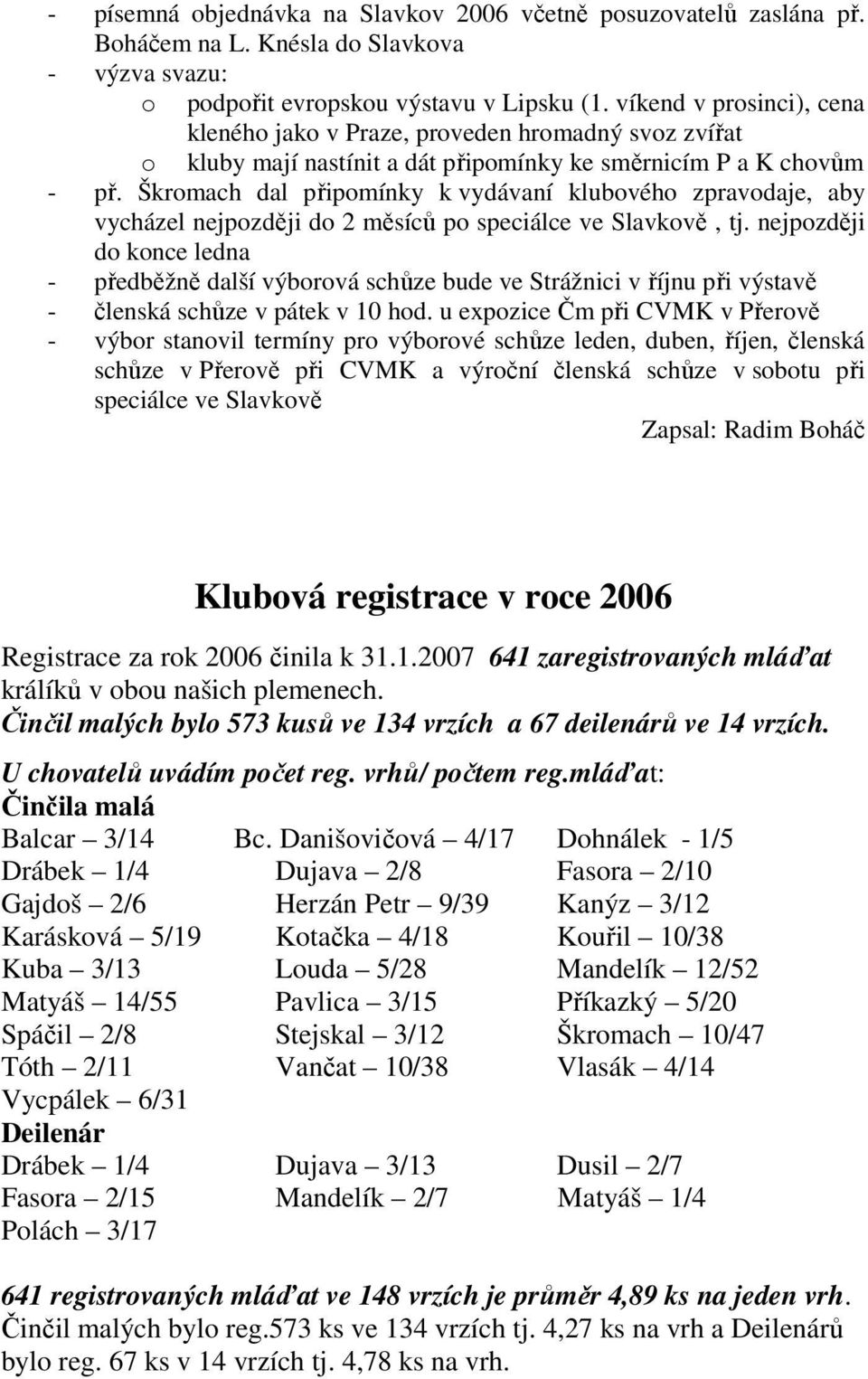 Škromach dal připomínky k vydávaní klubového zpravodaje, aby vycházel nejpozději do 2 měsíců po speciálce ve Slavkově, tj.