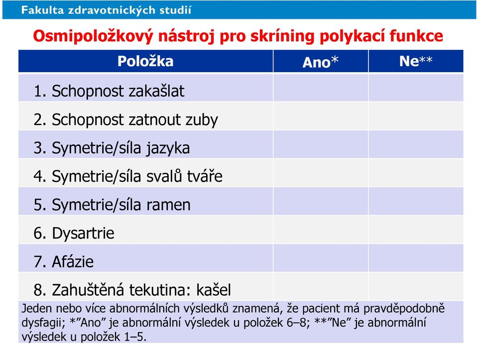 Dysartrie 7. Afázie 8.