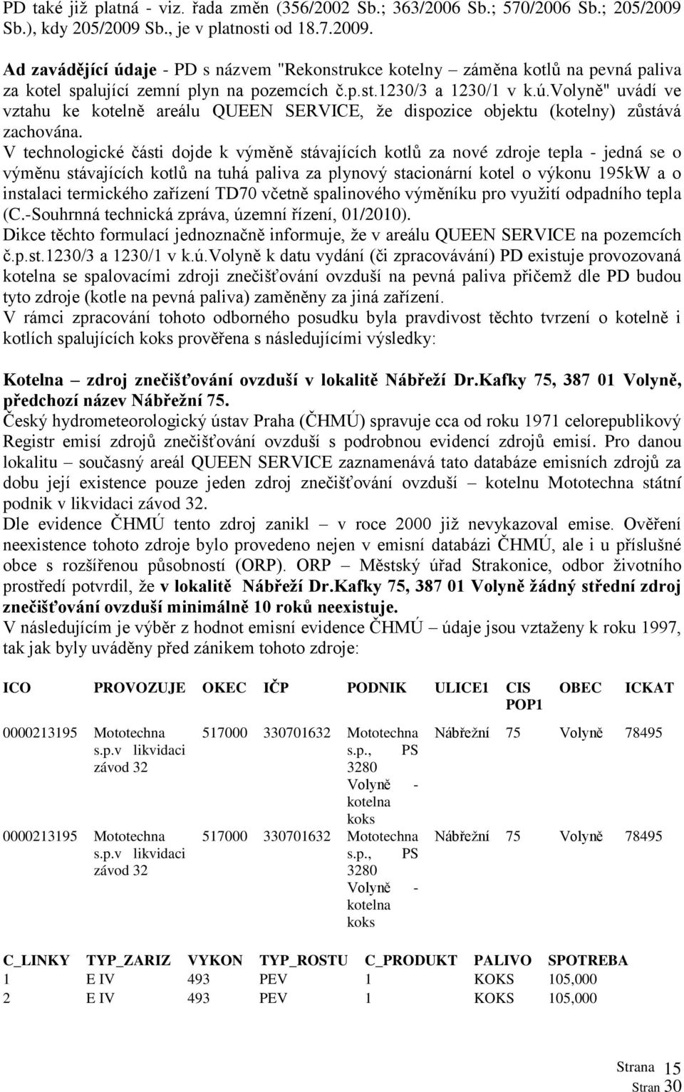 ú.volyně" uvádí ve vztahu ke kotelně areálu QUEEN SERVICE, že dispozice objektu (kotelny) zůstává zachována.