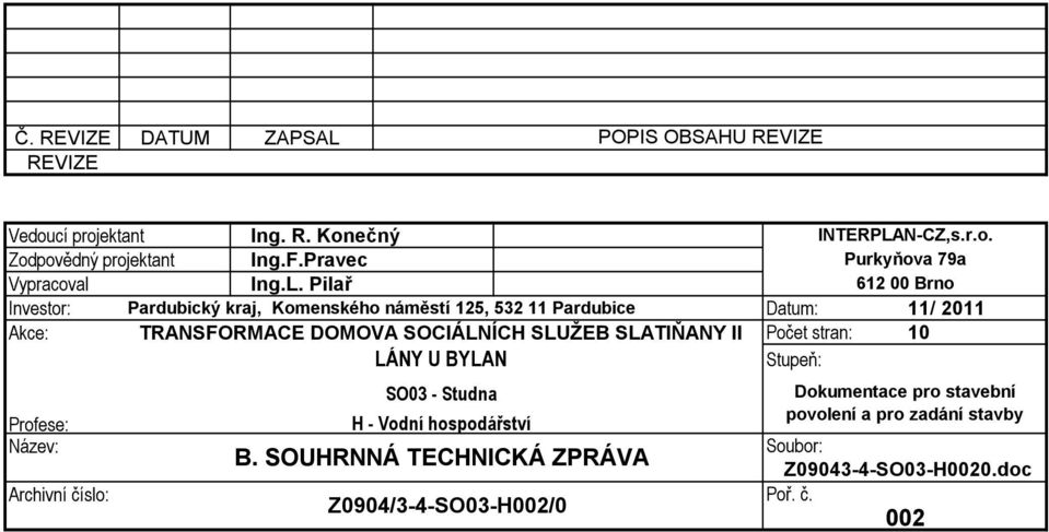 Pilař 612 00 Brno Investor: Pardubický kraj, Komenského náměstí 125, 532 11 Pardubice Datum: 11/ 2011 Akce: TRANSFORMACE DOMOVA SOCIÁLNÍCH SLUŽEB