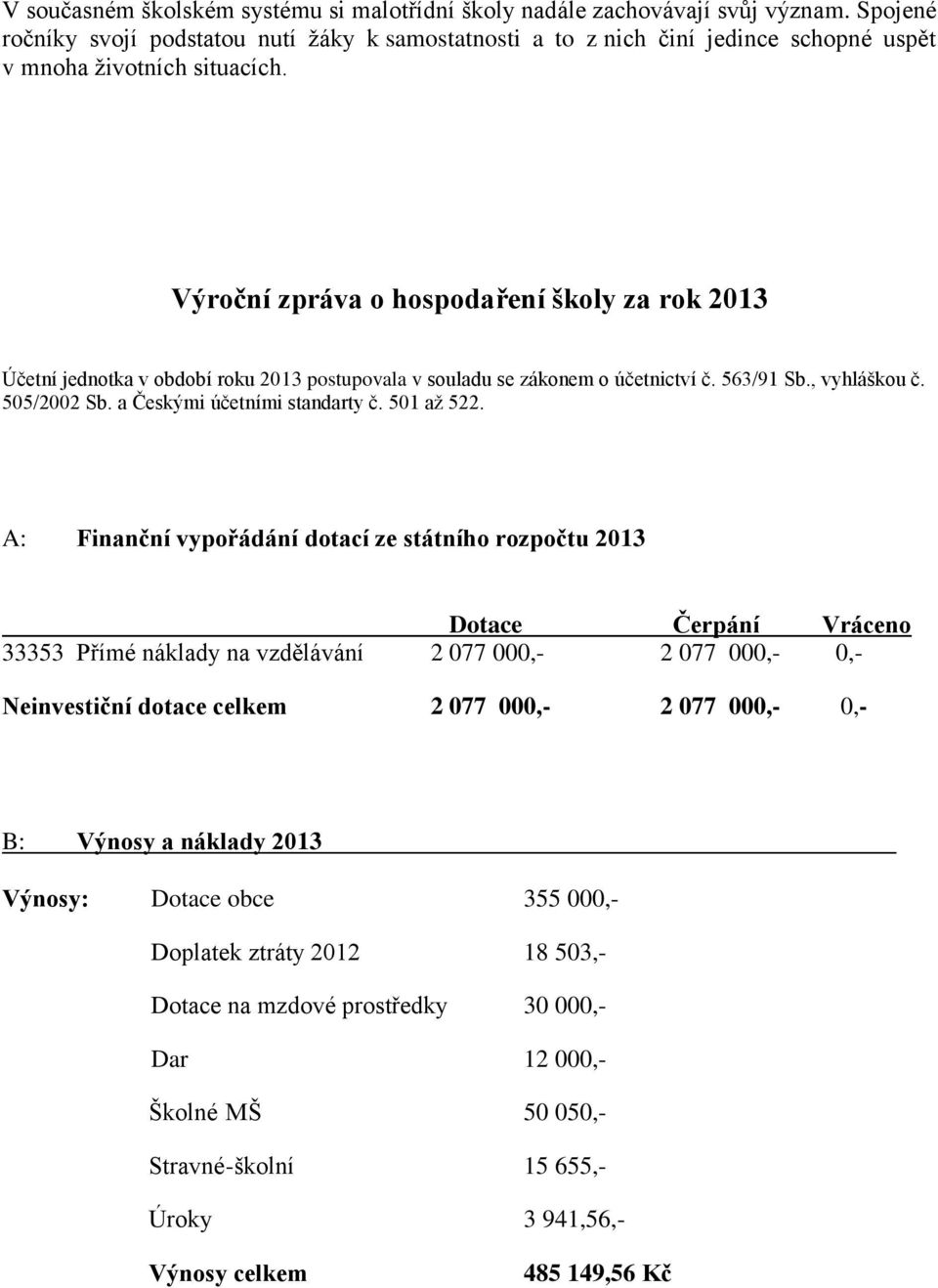 Výroční zpráva o hospodaření školy za rok 2013 Účetní jednotka v období roku 2013 postupovala v souladu se zákonem o účetnictví č. 563/91 Sb., vyhláškou č. 505/2002 Sb. a Českými účetními standarty č.