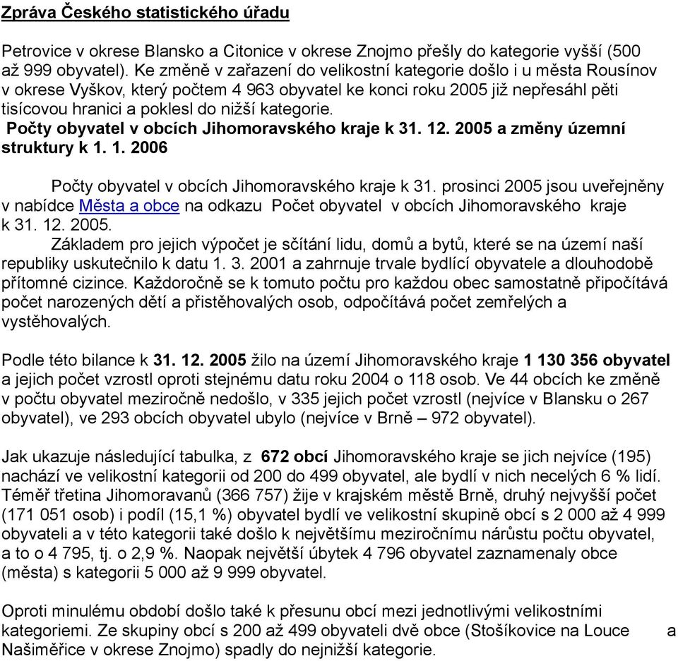 Počty obyvatel v obcích Jihomoravského kraje k 31. 12. 2005 a změny územní struktury k 1. 1. 2006 Počty obyvatel v obcích Jihomoravského kraje k 31.