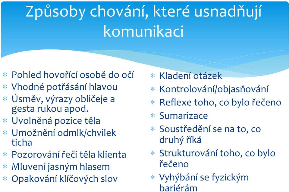 Uvolněná pozice těla Umožnění odmlk/chvilek ticha Pozorování řeči těla klienta Mluvení jasným hlasem Opakování