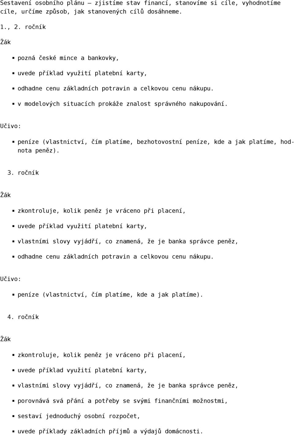 Učivo: peníze (vlastnictví, čím platíme, bezhotovostní peníze, kde a jak platíme, hodnota peněz). 3.