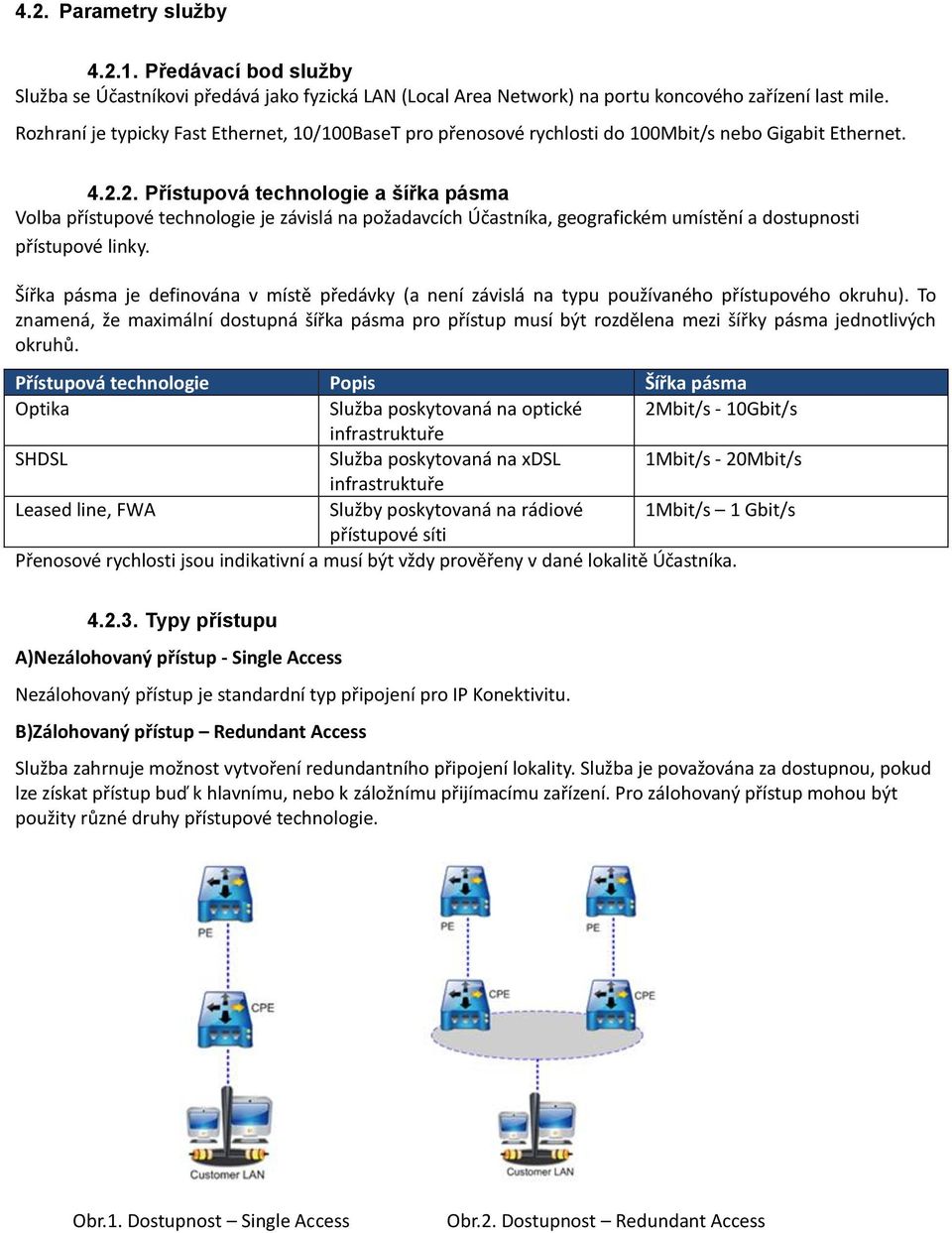 2. Přístupová technologie a šířka pásma Volba přístupové technologie je závislá na požadavcích Účastníka, geografickém umístění a dostupnosti přístupové linky.