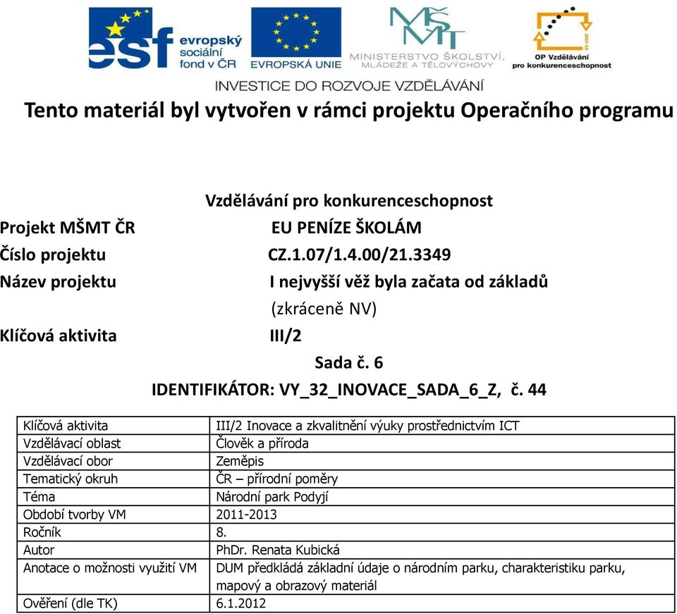 44 Klíčová aktivita III/2 Inovace a zkvalitnění výuky prostřednictvím ICT Vzdělávací oblast Člověk a příroda Vzdělávací obor Zeměpis Tematický okruh ČR přírodní poměry Téma Národní