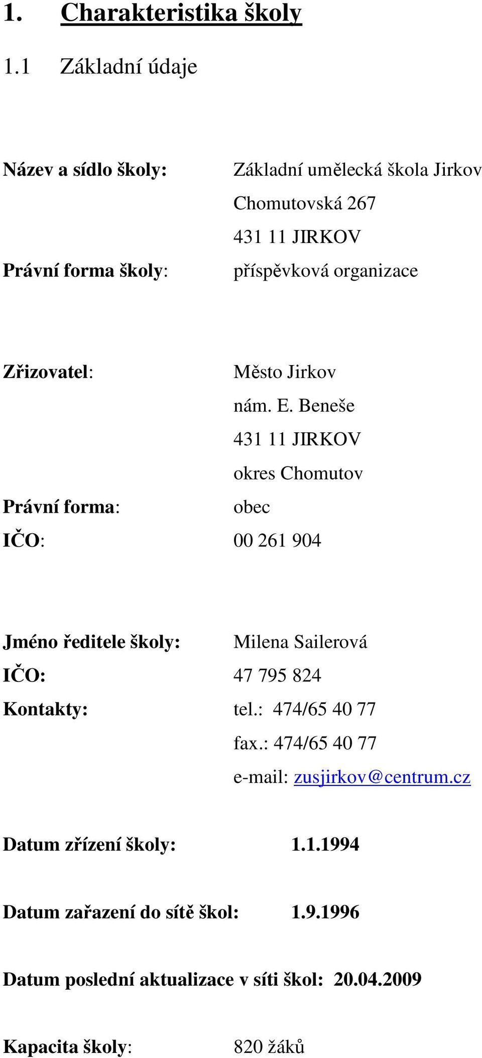 organizace Zřizovatel: Město Jirkov nám. E.