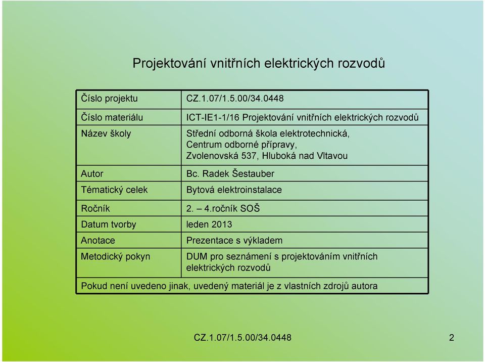 Hluboká nad Vltavou Bc. Radek Šestauber Bytová elektroinstalace Ročník 2. 4.