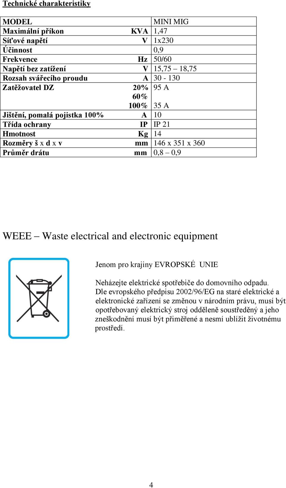 Waste electrical and electronic equipment Jenom pro krajiny EVROPSKÉ UNIE Neházejte elektrické spotřebiče do domovního odpadu.