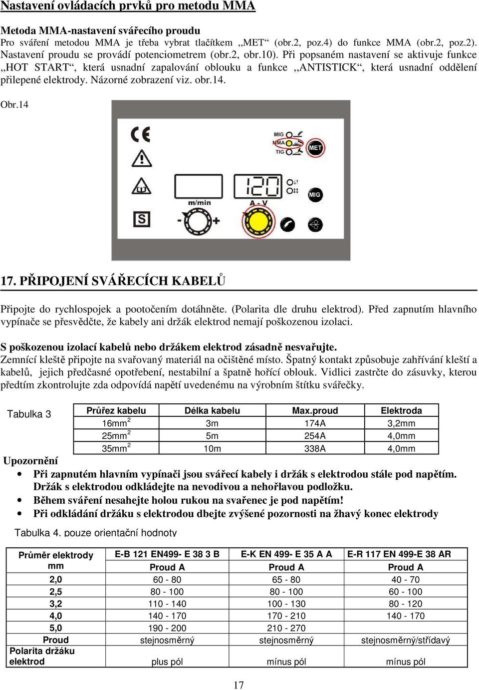 Při popsaném nastavení se aktivuje funkce,,hot START, která usnadní zapalování oblouku a funkce,,antistick, která usnadní oddělení přilepené elektrody. Názorné zobrazení viz. obr.14. Obr.14 17.