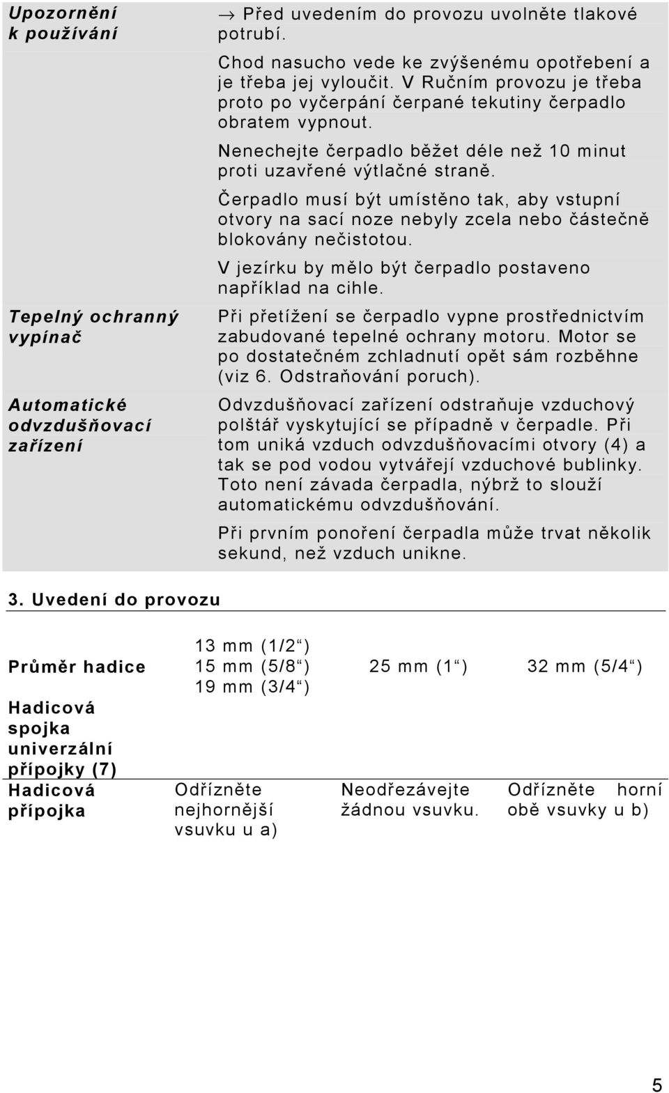 Čerpadlo musí být umístěno tak, aby vstupní otvory na sací noze nebyly zcela nebo částečně blokovány nečistotou. V jezírku by mělo být čerpadlo postaveno například na cihle.