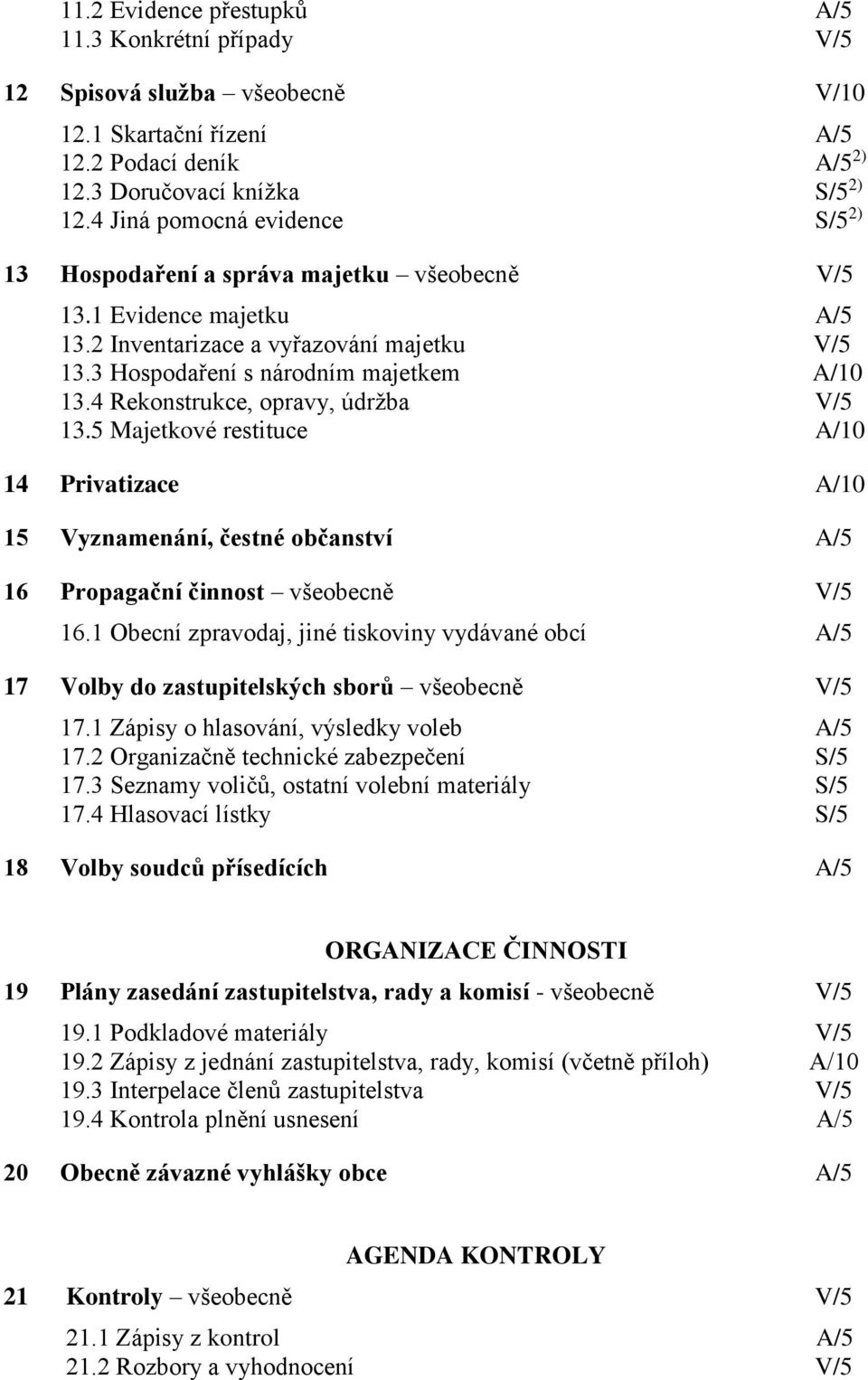 4 Rekonstrukce, opravy, údržba V/5 13.5 Majetkové restituce A/10 14 Privatizace A/10 15 Vyznamenání, čestné občanství A/5 16 Propagační činnost všeobecně V/5 16.