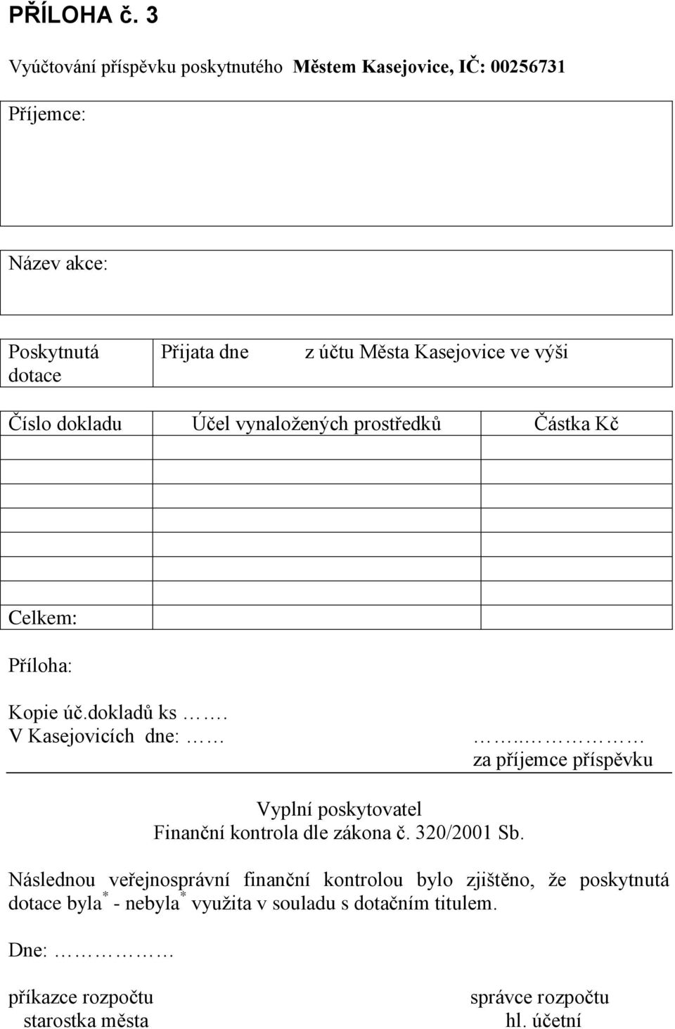 Kasejovice ve výši Číslo dokladu Účel vynaložených prostředků Částka Kč Celkem: Příloha: Kopie úč.dokladů ks. V Kasejovicích dne:.