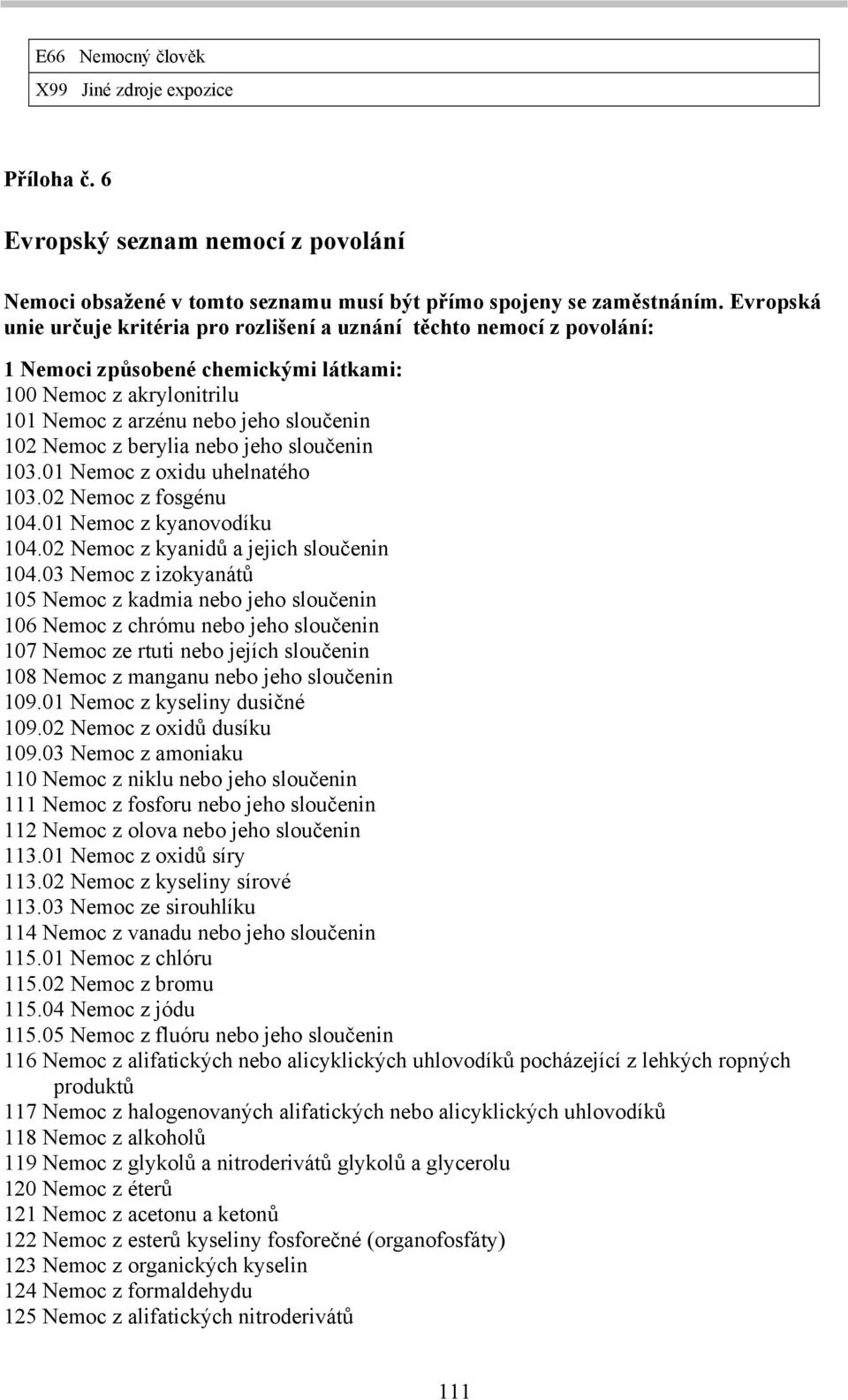 berylia nebo jeho sloučenin 103.01 Nemoc z oxidu uhelnatého 103.02 Nemoc z fosgénu 104.01 Nemoc z kyanovodíku 104.02 Nemoc z kyanidů a jejich sloučenin 104.