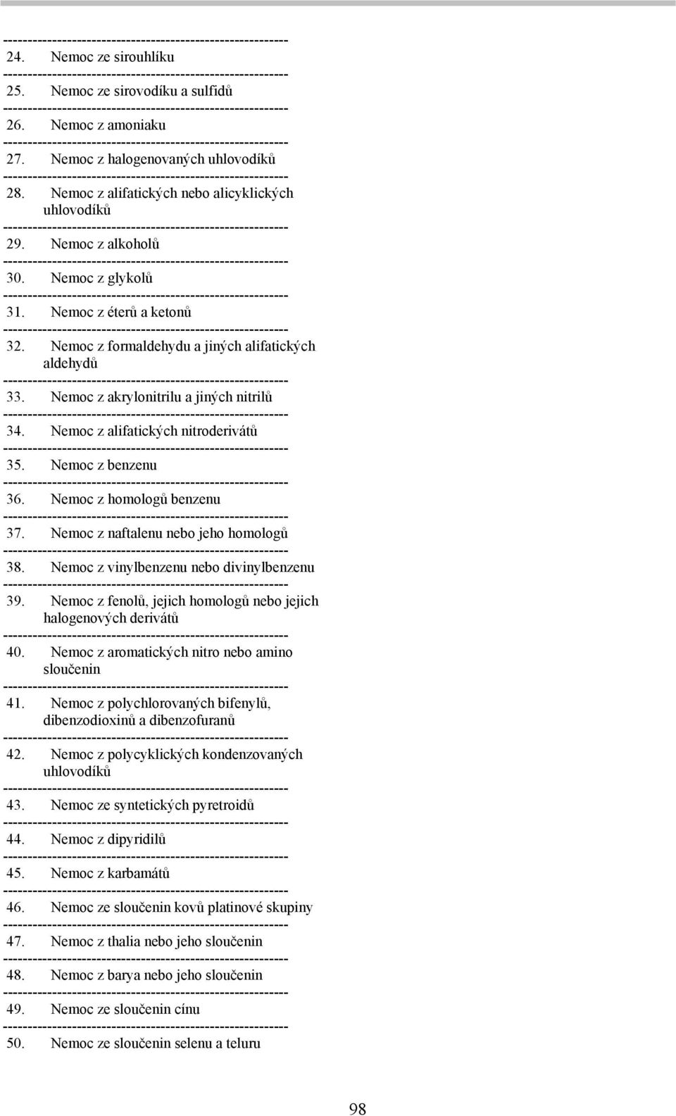 Nemoc z benzenu 36. Nemoc z homologů benzenu 37. Nemoc z naftalenu nebo jeho homologů 38. Nemoc z vinylbenzenu nebo divinylbenzenu 39.