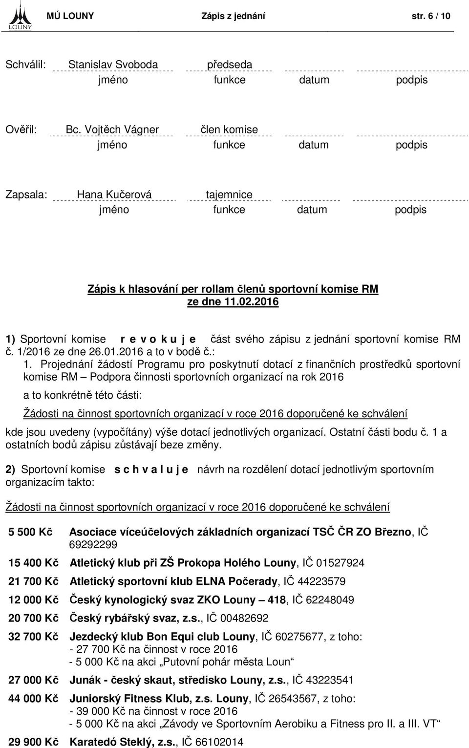 2016 1) Sportovní komise r e v o k u j e část svého zápisu z jednání sportovní komise RM č. 1/2016 ze dne 26.01.2016 a to v bodě č.: 1.