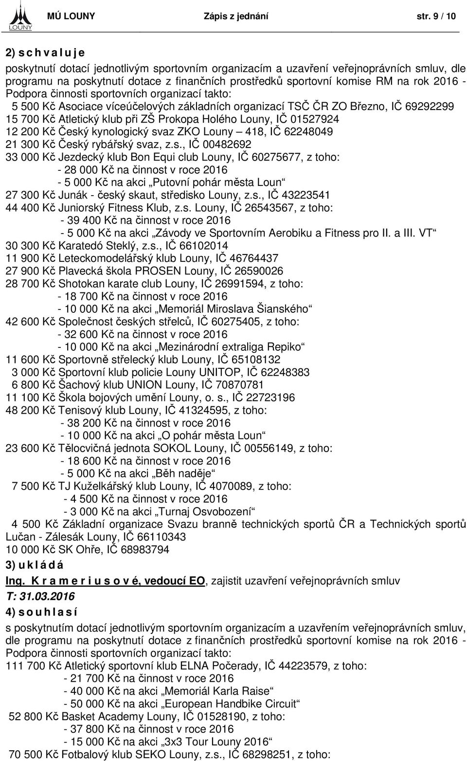 2016 - Podpora činnosti sportovních organizací takto: 5 500 Kč Asociace víceúčelových základních organizací TSČ ČR ZO Březno, IČ 69292299 15 700 Kč Atletický klub při ZŠ Prokopa Holého Louny, IČ