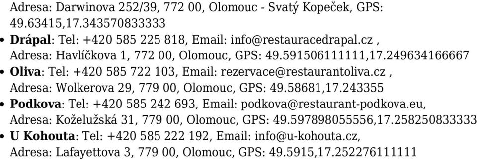 cz, Adresa: Wolkerova 29, 779 00, Olomouc, GPS: 49.58681,17.243355 Podkova: Tel: +420 585 242 693, Email: podkova@restaurant-podkova.