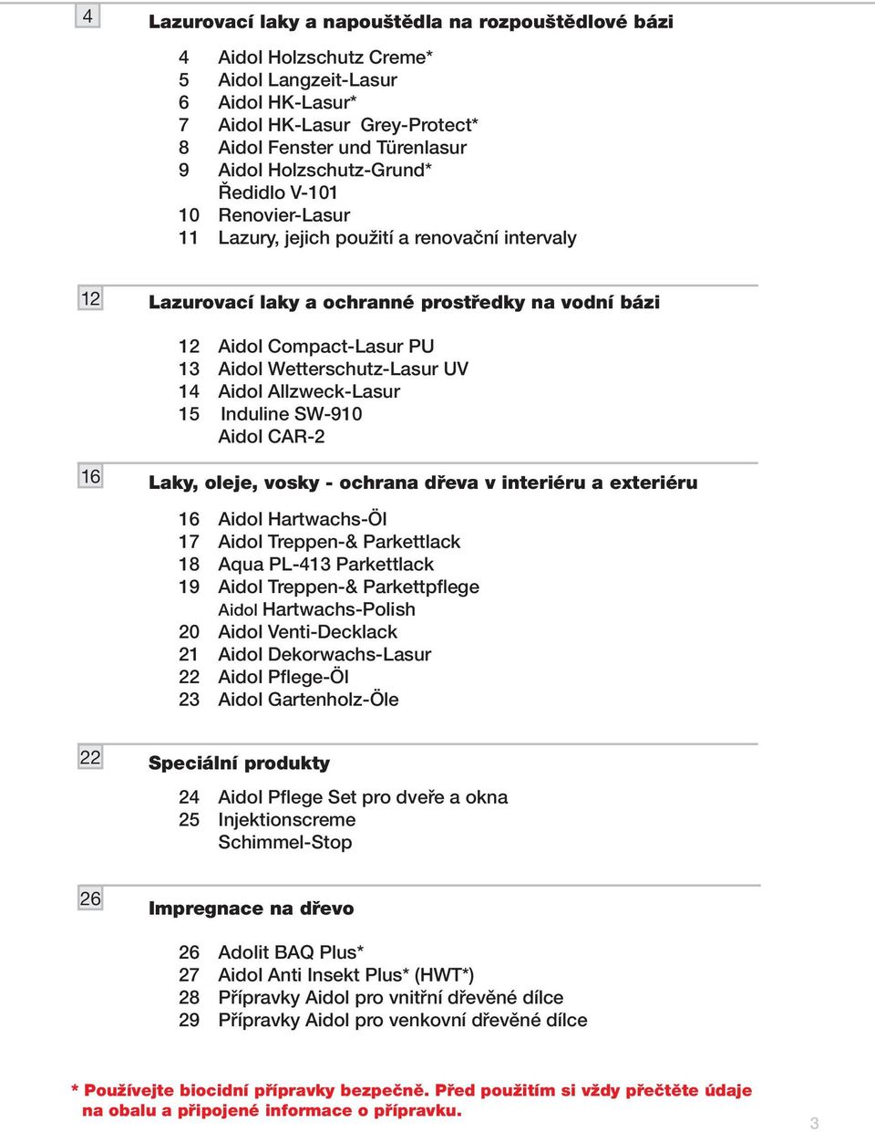 Wetterschutz-Lasur UV 14 Aidol Allzweck-Lasur 15 Induline SW-910 Aidol CAR-2 16 Laky, oleje, vosky - ochrana v interiéru a exteriéru 16 Aidol Hartwachs-Öl 17 Aidol Treppen-& Parkettlack 18 Aqua