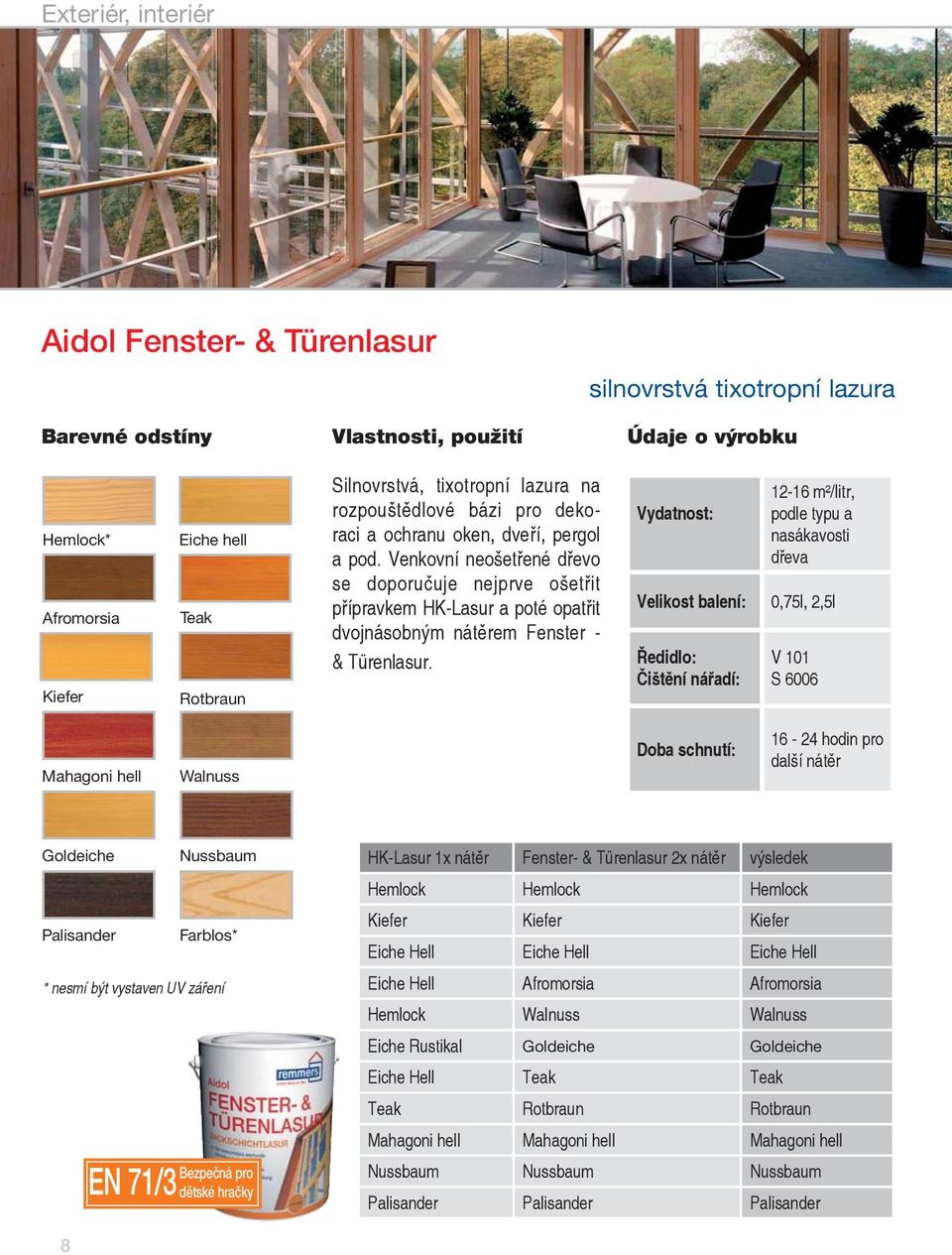 12-16 m²/litr, podle typu a nasákavosti Velikost balení: 0,75l, 2,5l V 101 S 6006 Mahagoni hell Walnuss 16-24 hodin pro další nátěr Goldeiche Palisander Nussbaum Farblos* * nesmí být vystaven UV