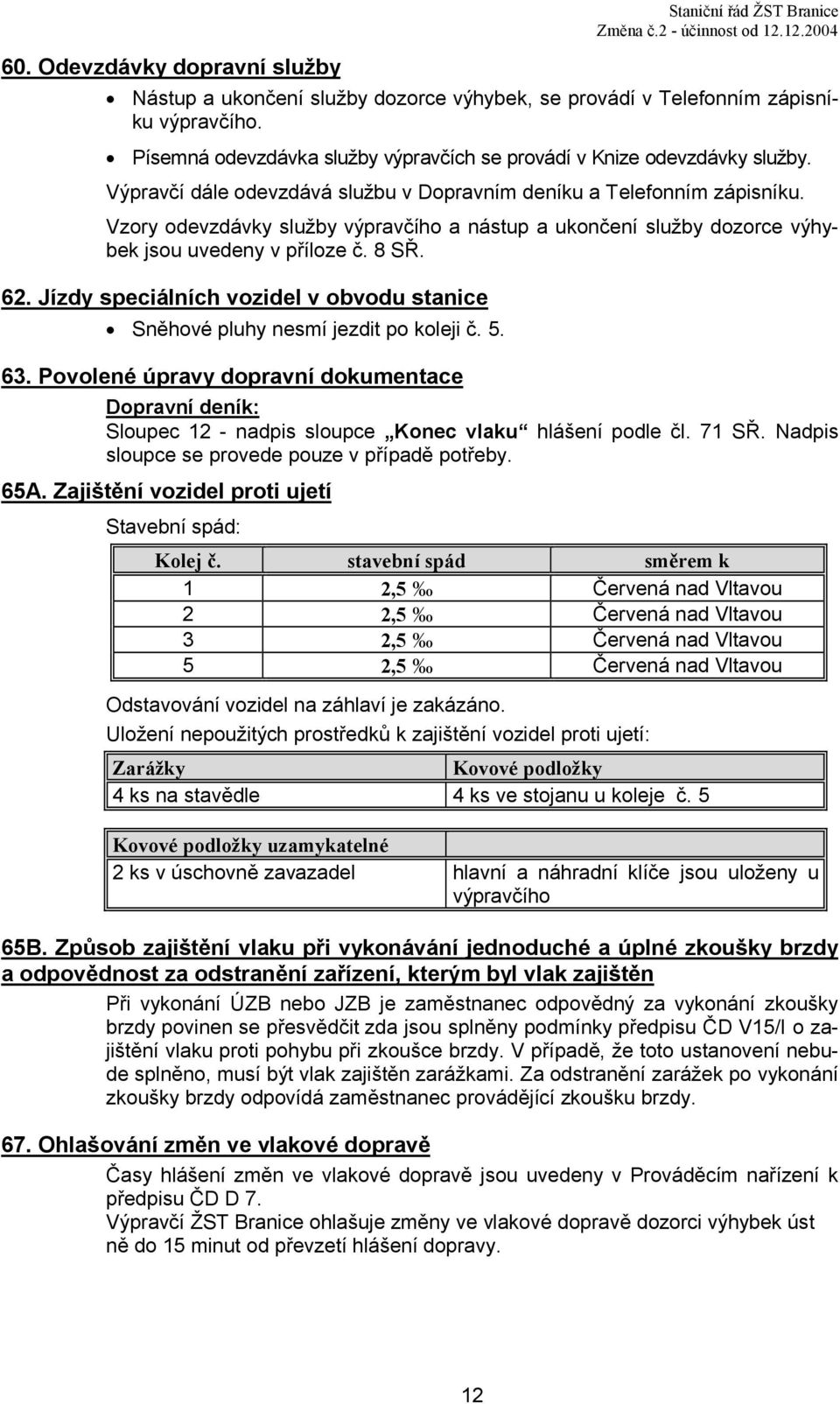 Vzory odevzdávky služby ho a nástup a ukončení služby dozorce výhybek jsou uvedeny v příloze č. 8 SŘ. 62. Jízdy speciálních vozidel v obvodu stanice Sněhové pluhy nesmí jezdit po koleji č. 5. 63.