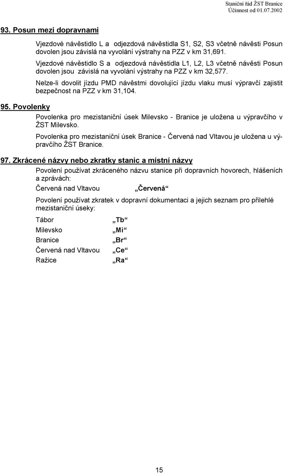 Nelze-li dovolit jízdu PMD návěstmi dovolující jízdu vlaku musí zajistit bezpečnost na PZZ v km 31,104. 95. Povolenky Povolenka pro mezistaniční úsek Milevsko - Branice je uložena u ho v ŽST Milevsko.