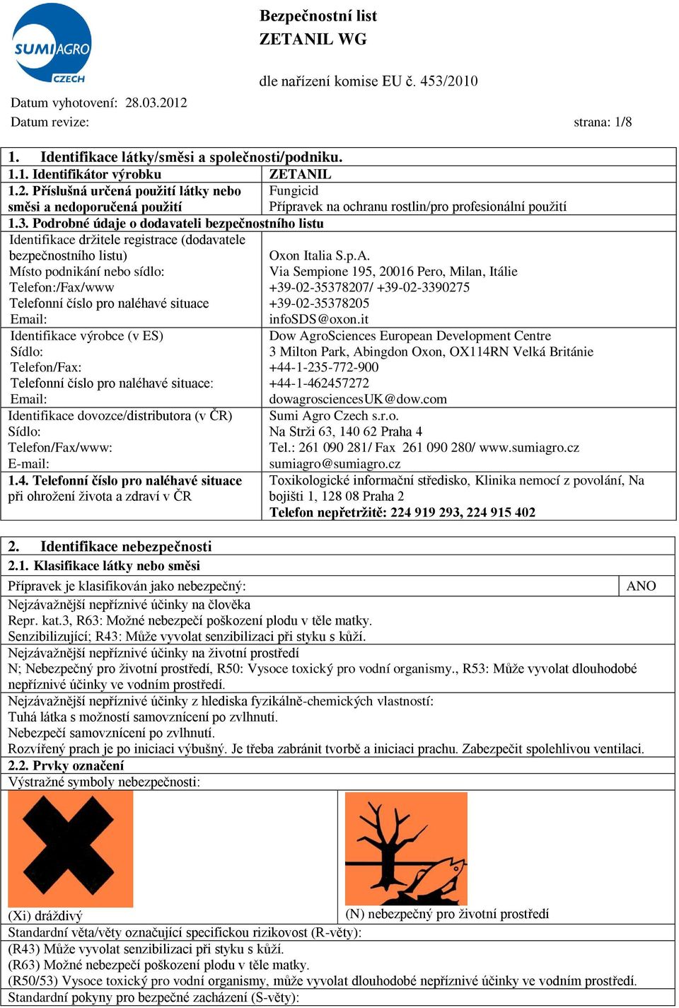 Podrobné údaje o dodavateli bezpečnostního listu Identifikace držitele registrace (dodavatele bezpečnostního listu) Oxon Italia S.p.A.