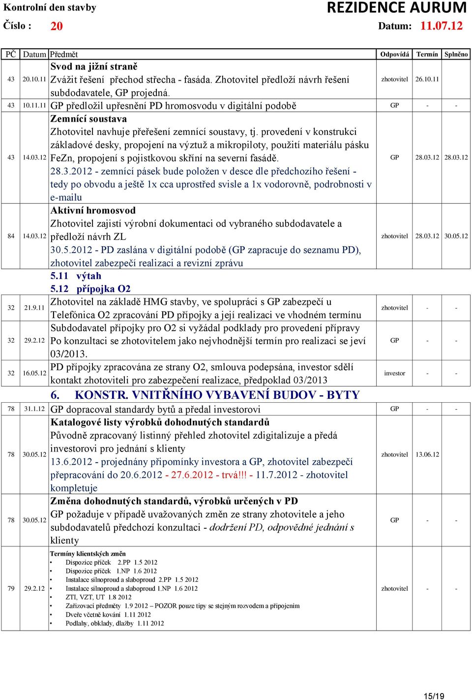 provedení v konstrukci základové desky, propojení na výztuž a mikropiloty, použití materiálu pásku FeZn, propojení s pojistkovou skříní na severní fasádě. 28.3.