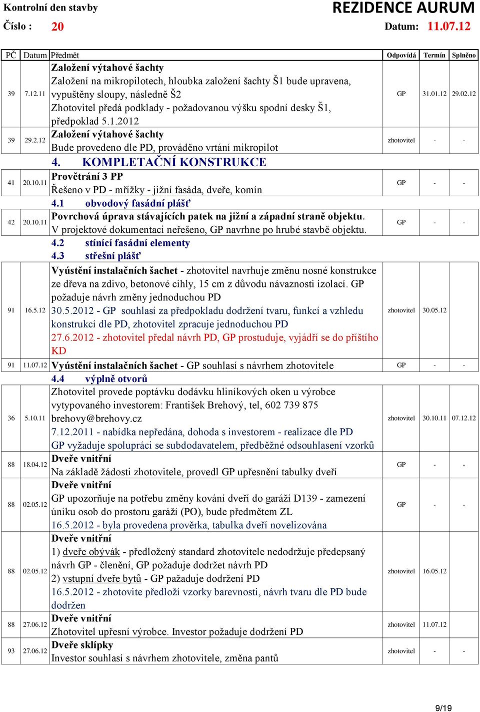 předpoklad 5.1.2012 Založení výtahové šachty Bude provedeno dle PD, prováděno vrtání mikropilot 4. KOMPLETAČNÍ KONSTRUKCE Provětrání 3 PP Řešeno v PD - mřížky - jižní fasáda, dveře, komín 4.