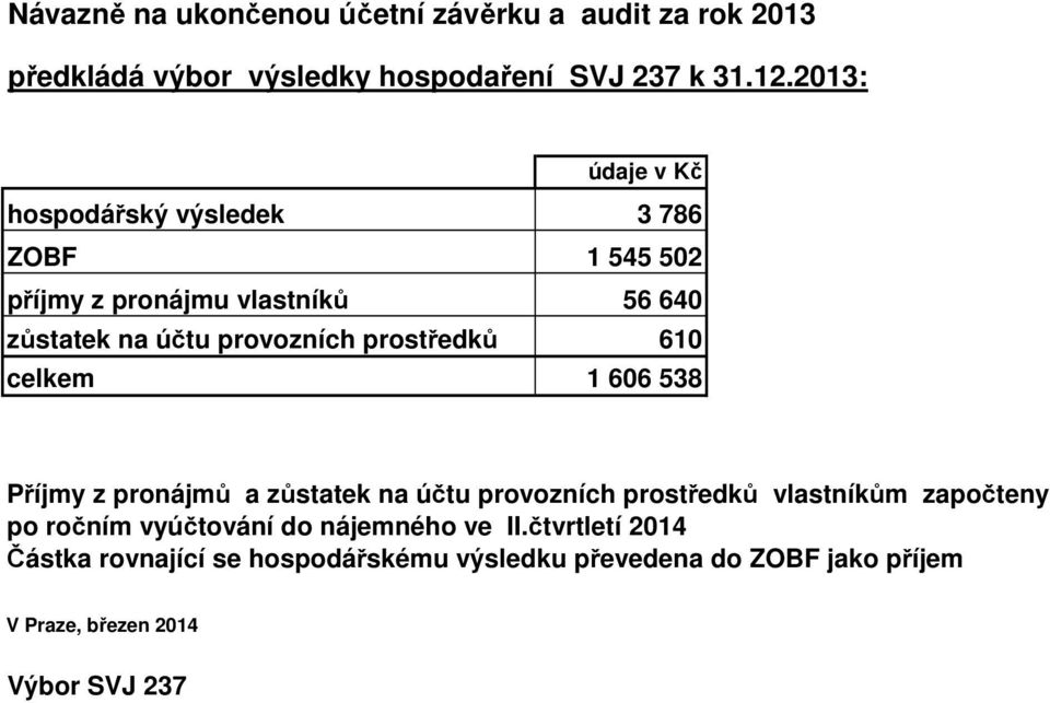 prostředků 610 celkem 1 606 538 Příjmy z pronájmů a zůstatek na účtu provozních prostředků vlastníkům započteny po ročním