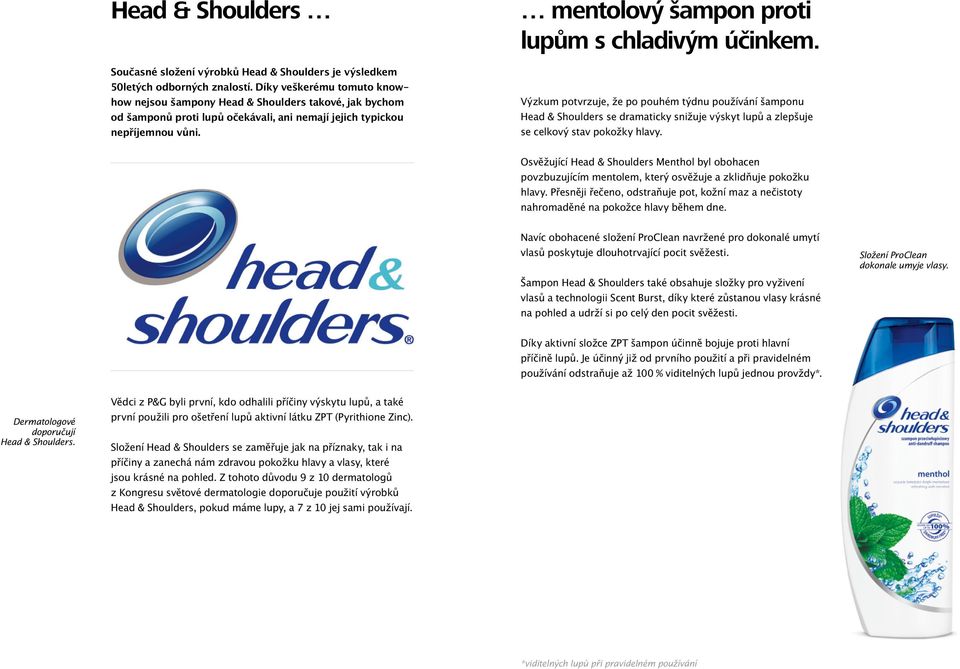 mentolový šampon proti lupům s chladivým účinkem. Výzkum potvrzuje, že po pouhém týdnu používání šamponu Head & Shoulders se dramaticky snižuje výskyt lupů a zlepšuje se celkový stav pokožky hlavy.