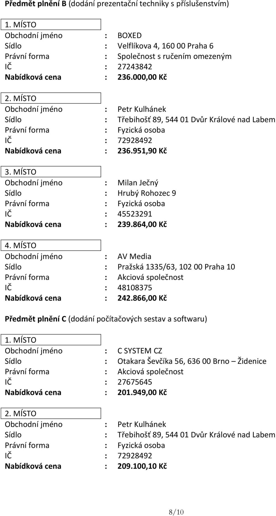 MÍSTO Obchodní jméno : Milan Ječný Sídlo : Hrubý Rohozec 9 IČ : 45523291 Nabídková cena : 239.864,00 Kč 4. MÍSTO Nabídková cena : 242.