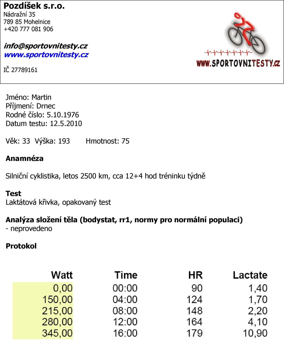 5.2010 Věk: 33 Výška: 193 Hmotnost: 75 Anamnéza Silniční cyklistika, letos 2500 km, cca 12+4 hod tréninku