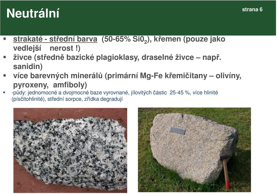 sanidin) více barevných minerálů (primární Mg-Fe křemičitany olivíny, pyroxeny, amfiboly)