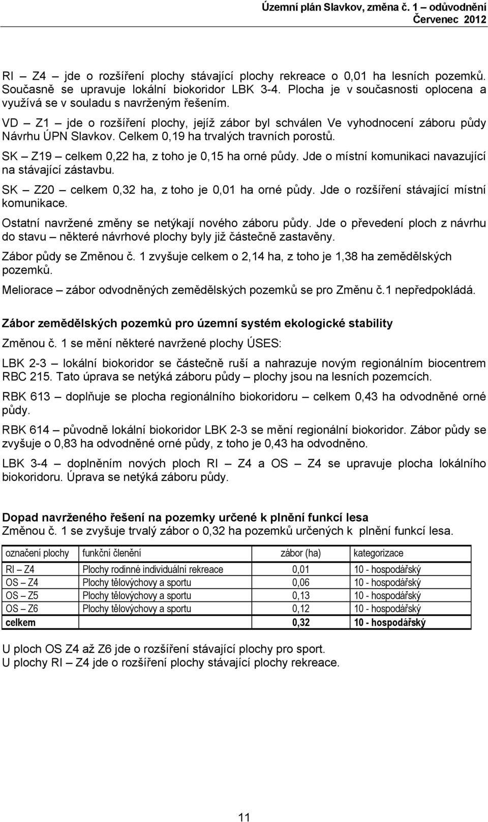 Celkem 0,19 ha trvalých travních porostů. SK Z19 celkem 0,22 ha, z toho je 0,15 ha orné půdy. Jde o místní komunikaci navazující na stávající zástavbu.