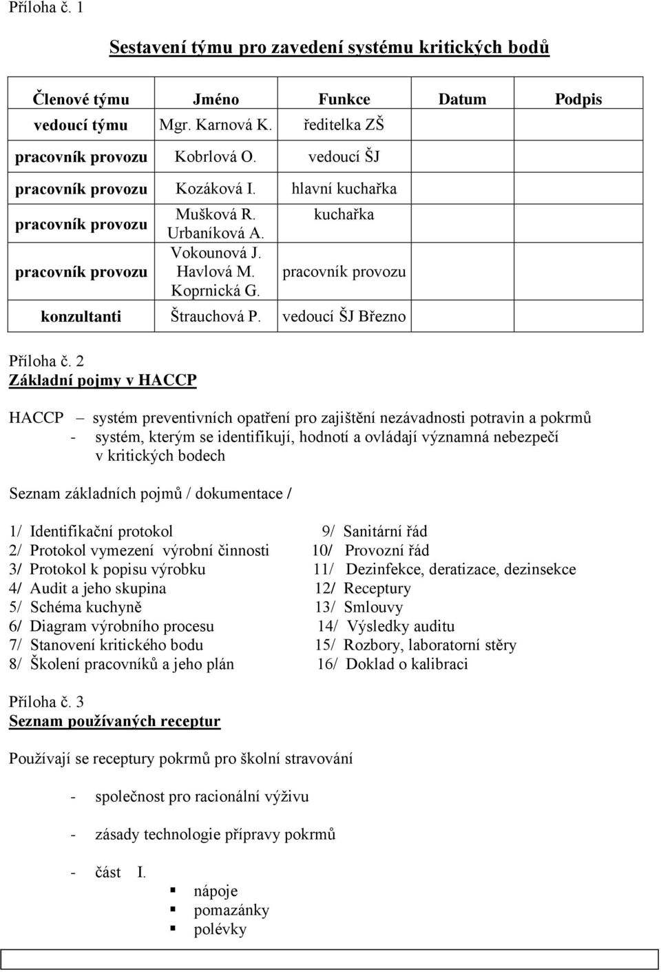 kuchařka pracovník provozu konzultanti Štrauchová P. vedoucí ŠJ Březno Příloha č.