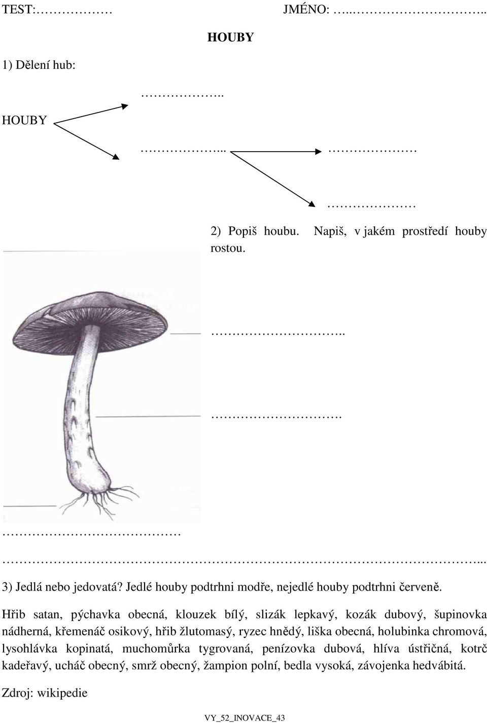 Hřib satan, pýchavka obecná, klouzek bílý, slizák lepkavý, kozák dubový, šupinovka nádherná, křemenáč osikový, hřib žlutomasý, ryzec hnědý,