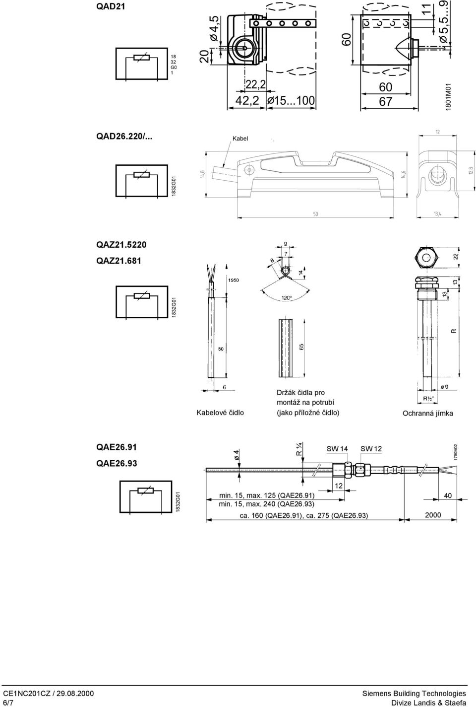QAE26.91 QAE26.93 ø 4 ¼ SW 14 SW 12 1790M02 12 min. 15, max. 125 (QAE26.91) min. 15, max. 240 (QAE26.