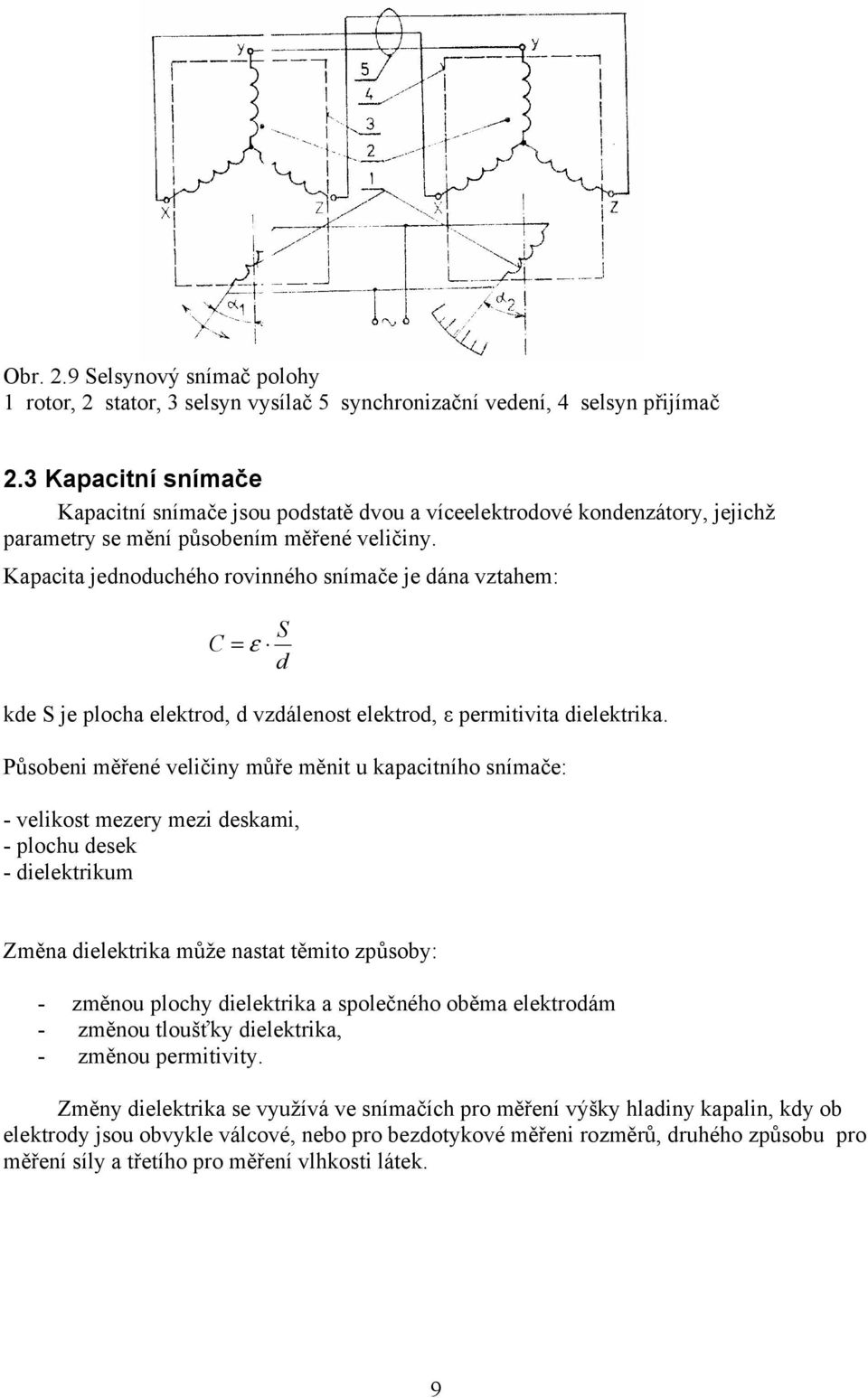 Kapacita jednoduchého rovinného snímače je dána vztahem: C = ε S d kde S je plocha elektrod, d vzdálenost elektrod, ε permitivita dielektrika.