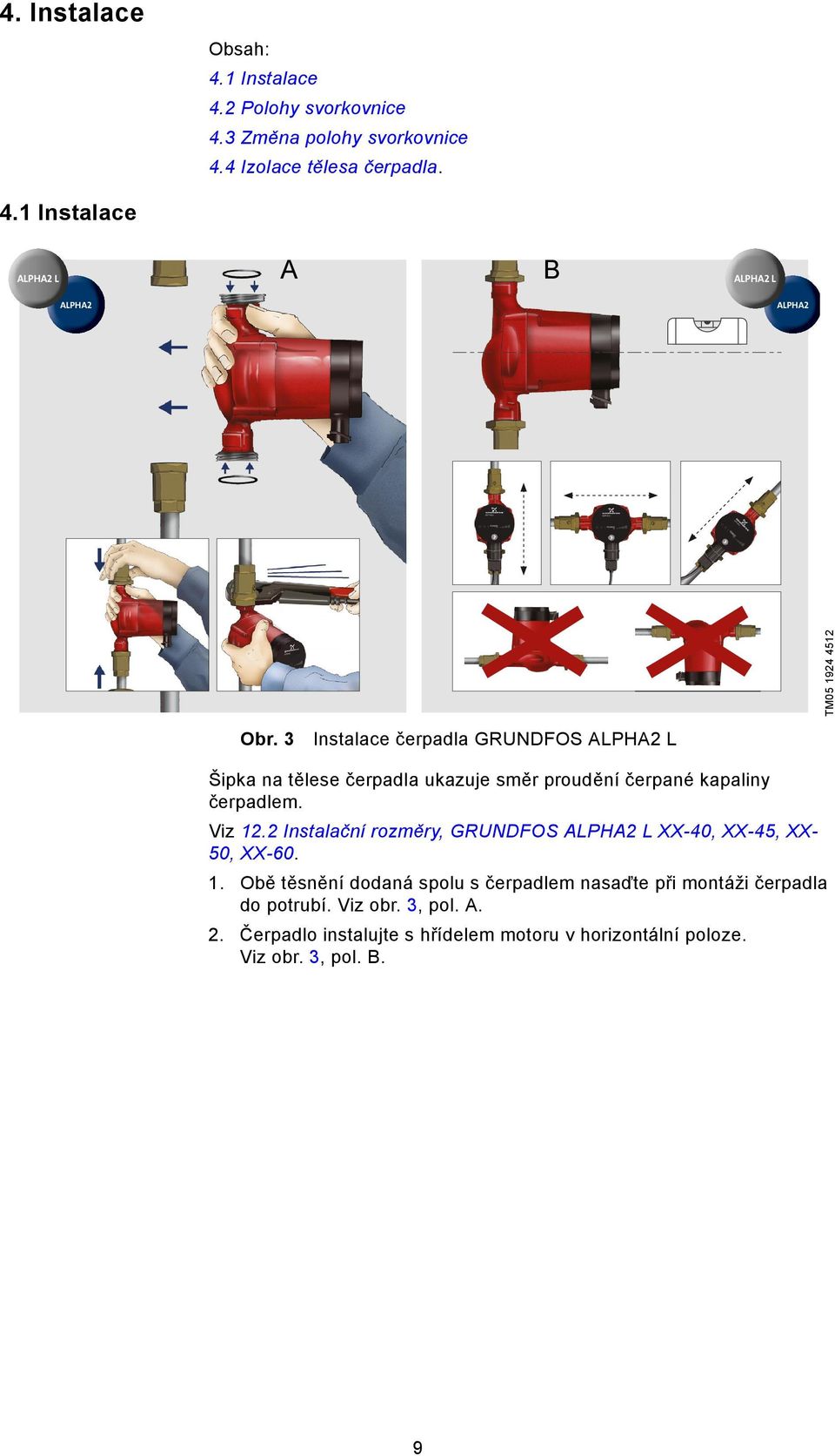 2 Instalační rozměry, GRUNDFOS ALPHA2 L XX-40, XX-45, XX50, XX-60. 1.