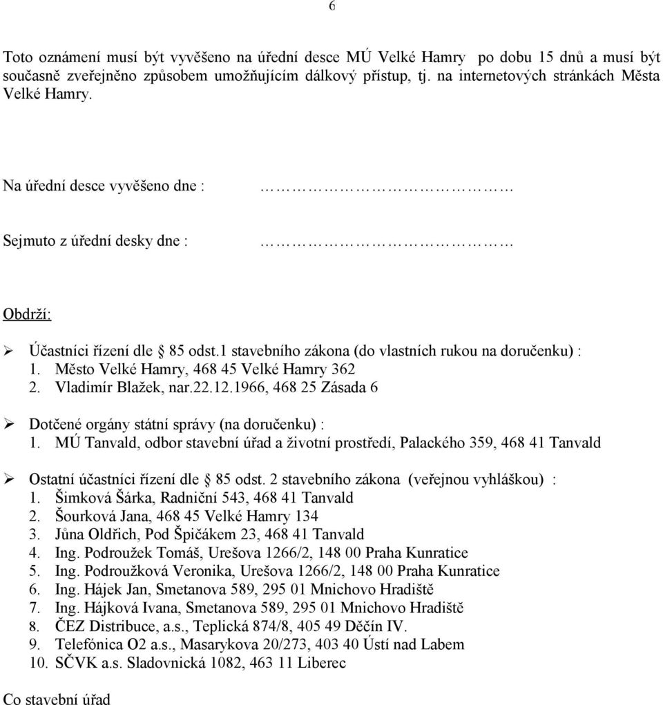 Vladimír Blažek, nar.22.12.1966, 468 25 Zásada 6 Dotčené orgány státní správy (na doručenku) : 1.