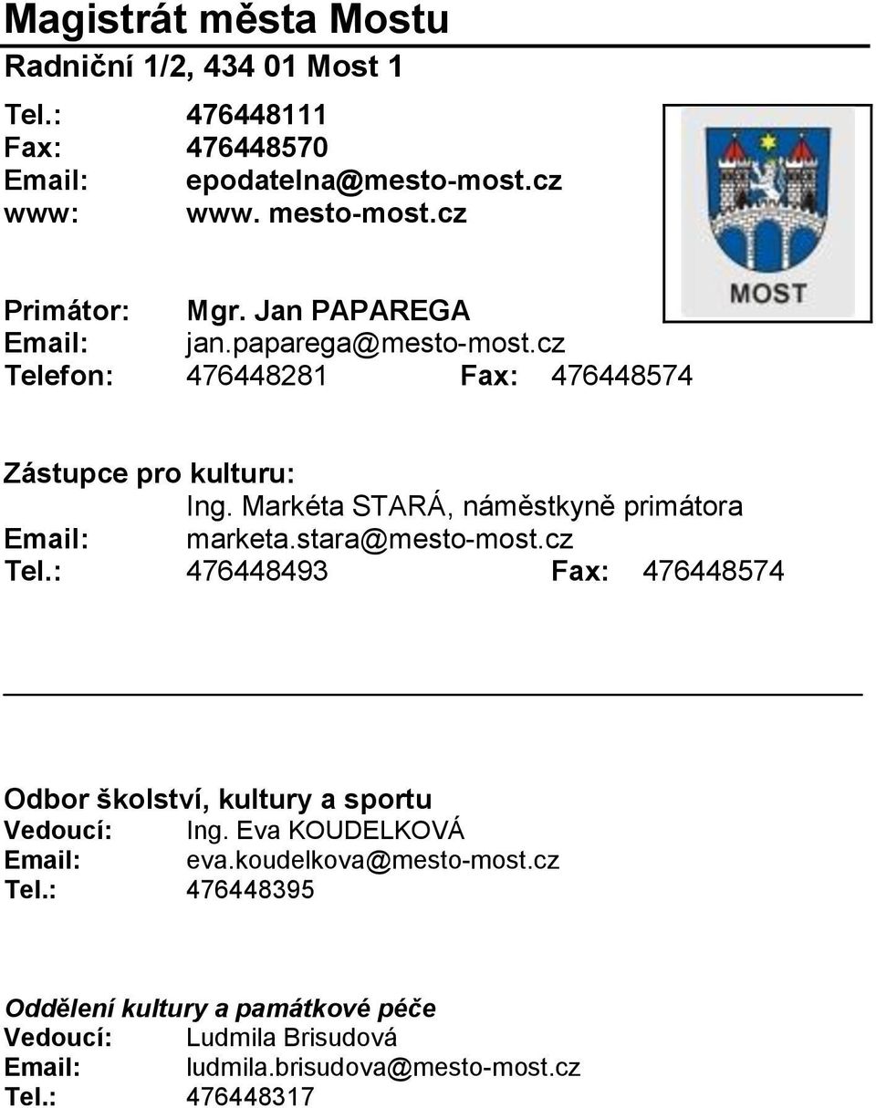 Markéta STARÁ, náměstkyně primátora Email: marketa.stara@mesto-most.cz Tel.
