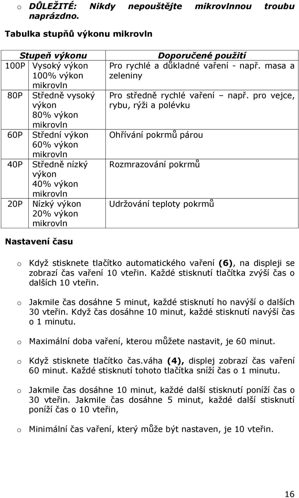 mikrovln 20P Nízký výkon 20% výkon mikrovln Doporučené použití Pro rychlé a důkladné vaření - např. masa a zeleniny Pro středně rychlé vaření např.