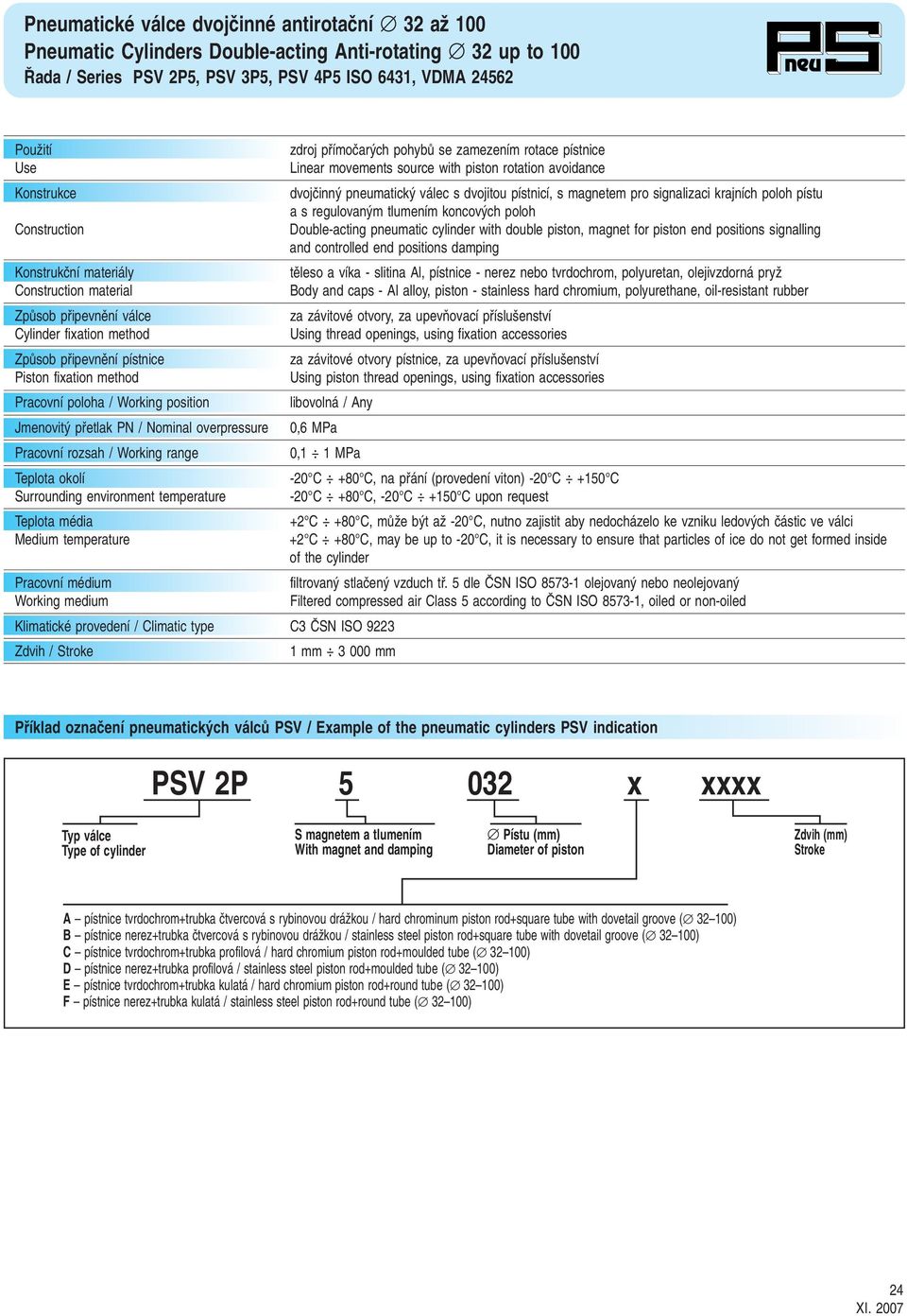 pístu a s regulovan m tlumením koncov ch poloh Construction Double-acting pneumatic cylinder with double piston, magnet for piston end positions signalling and controlled end positions damping