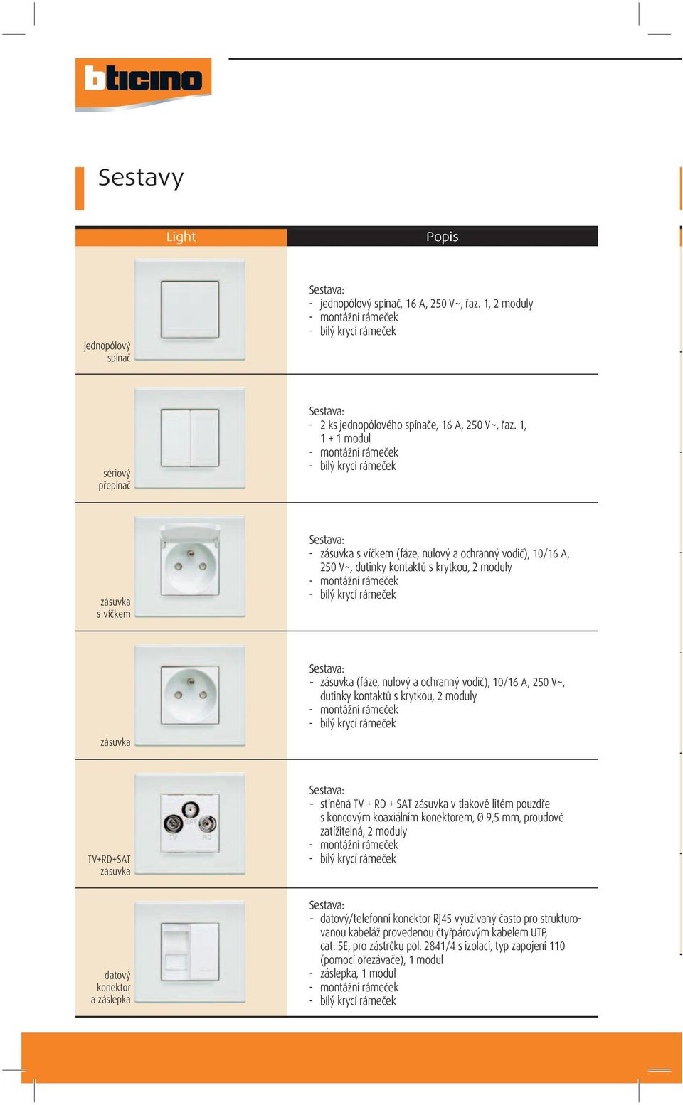 1, 1 + 1 modul - montážní rámeček - bílý krycí rámeček zásuvka s víčkem Sestava: - zásuvka s víčkem (fáze, nulový a ochranný vodič), 10/16 A, 250 V~, dutinky kontaktů s krytkou, 2 moduly - montážní