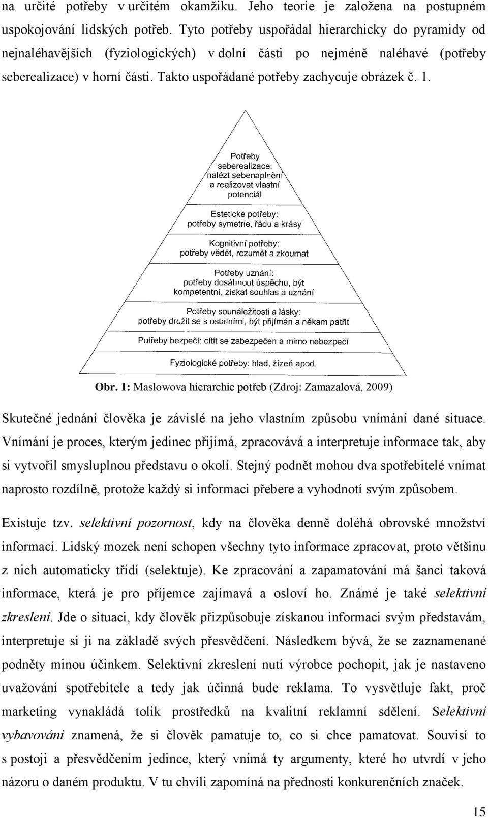 Takto uspořádané potřeby zachycuje obrázek č. 1. Obr. 1: Maslowova hierarchie potřeb (Zdroj: Zamazalová, 2009) Skutečné jednání člověka je závislé na jeho vlastním způsobu vnímání dané situace.