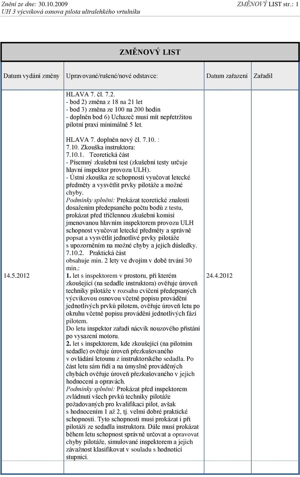 10. Zkouška instruktora: 7.10.1. Teoretická část - Písemný zkušební test (zkušební testy určuje hlavní inspektor provozu ULH).