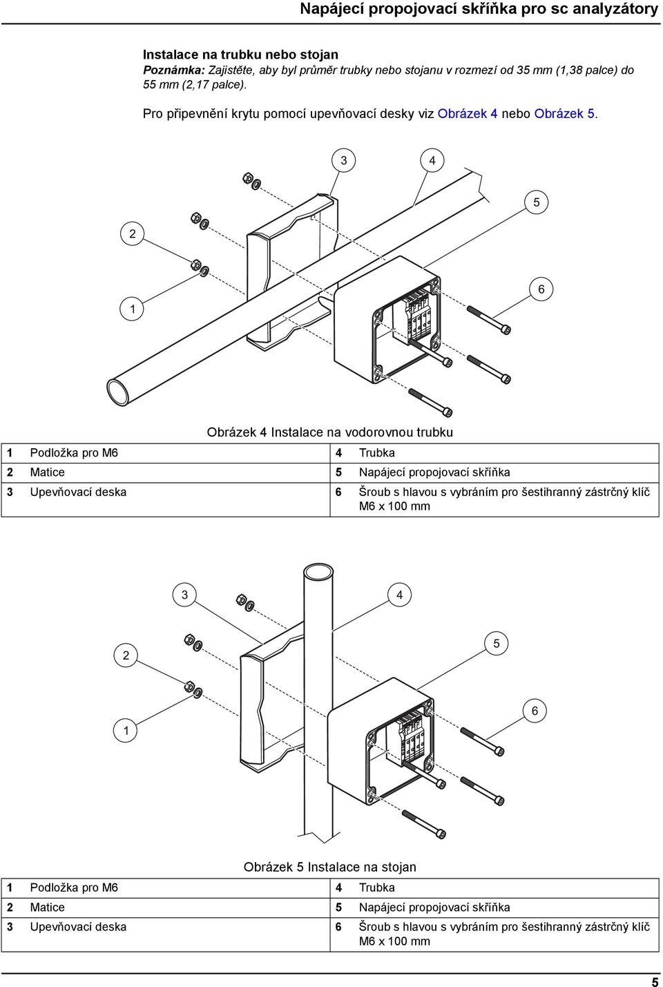 Obrázek 4 Instalace na vodorovnou trubku 1 Podložka pro M6 4 Trubka 2 Matice 5 Napájecí propojovací skříňka 3 Upevňovací deska 6 Šroub s hlavou s