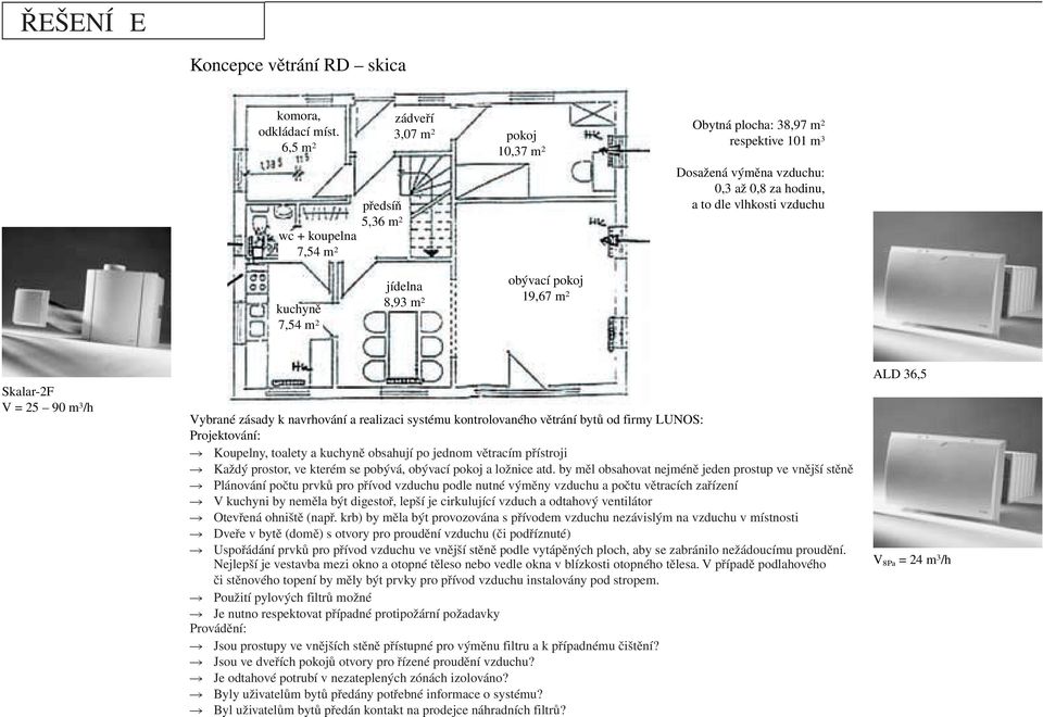 kuchyně 7,54 m 2 jídelna 8,93 m 2 obývací pokoj 19,67 m 2 Skalar-2F V = 25 90 m 3 /h Vybrané zásady k navrhování a realizaci systému kontrolovaného větrání bytů od firmy LUNOS: Projektování: